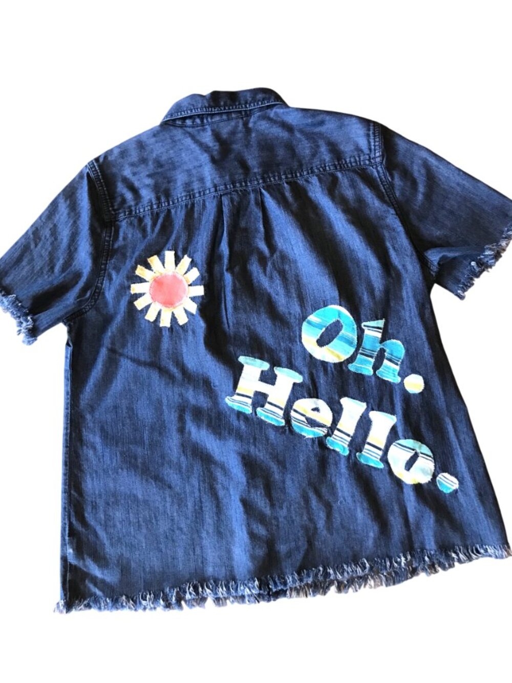 Women's Applique Denim Shirt, Upcycled Lightweight Button-Down, Oh Hello, Size M